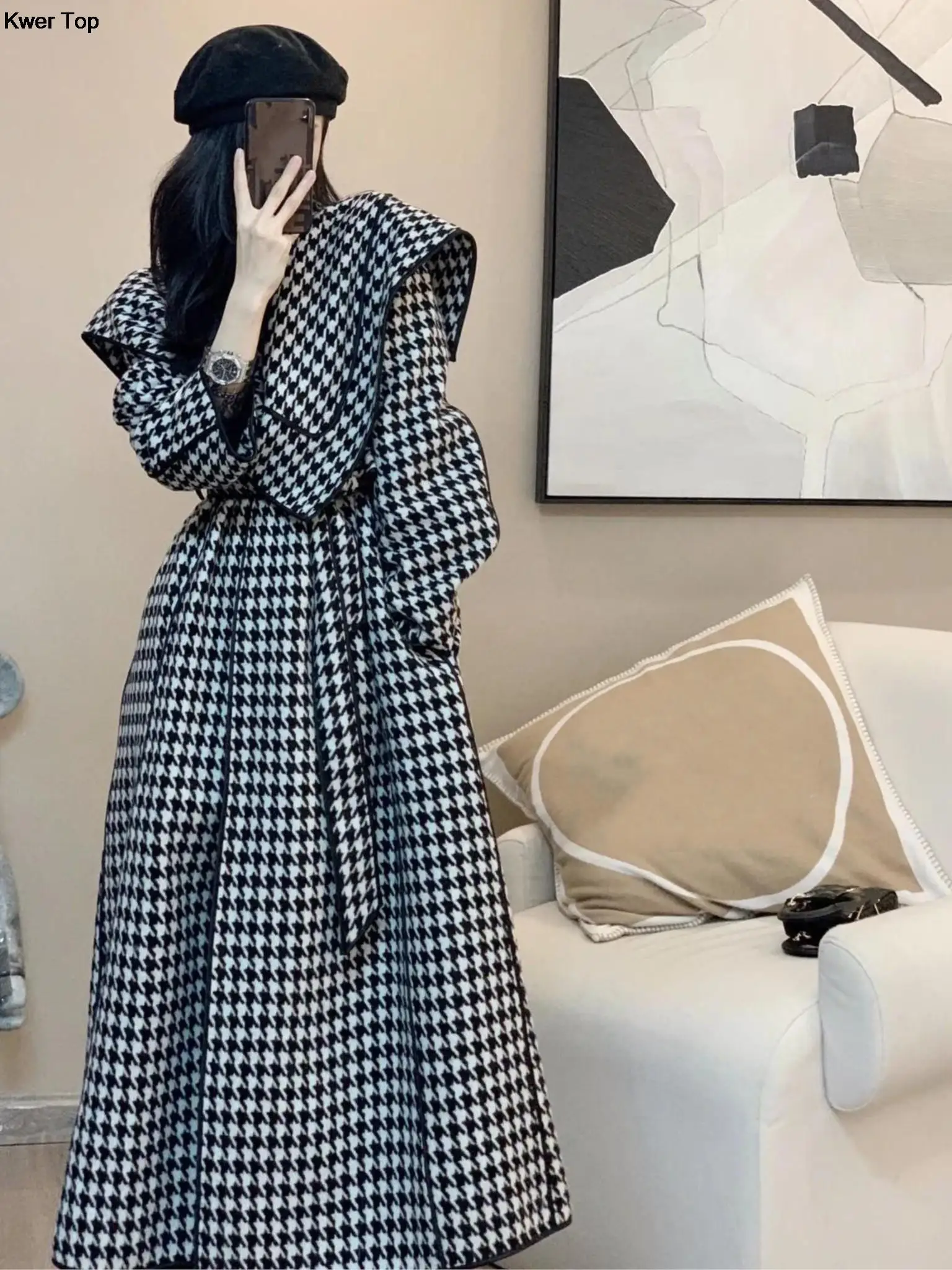 

Женское длинное шерстяное пальто, винтажное клетчатое пальто со шнуровкой и длинным рукавом, Корейская элегантная верхняя одежда, осень-зима