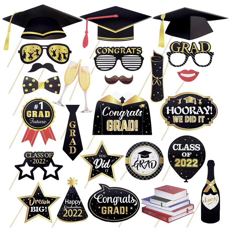 

Congratulation Graduation Photo Booth Class of 2022 Celebration Congrats Grad Bachelor Cap Glasses Mustache Lip Photobooth Props