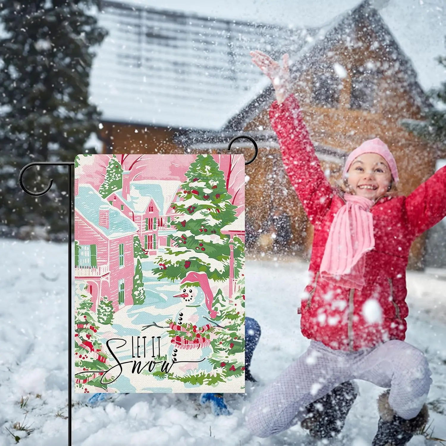 Декоративный садовый флаг Dyrenson Pink Winter Village, украшение для двора с милым снеговиком, рождественское украшение для дома, F GGO (art.: 3920db6efd1fa) - 3920db6efd1fa