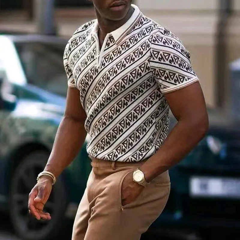 

Рубашка-поло мужская с графическим принтом, короткий рукав, на молнии, с лацканами, Повседневная Уличная одежда для отдыха, винтажный принт, ...