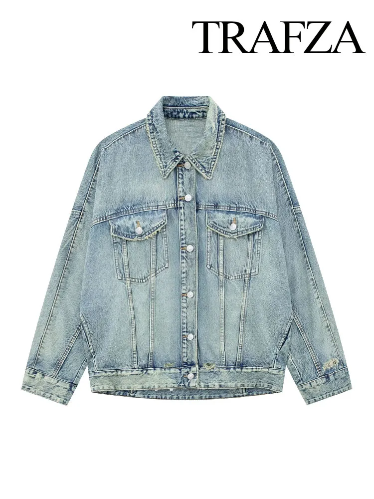 

TRAFZA Female Streetwear Loose Coats Solid Turn-Down Collar Long Sleeve Pockets Single Breasted Women's Autumn Denim Jackets