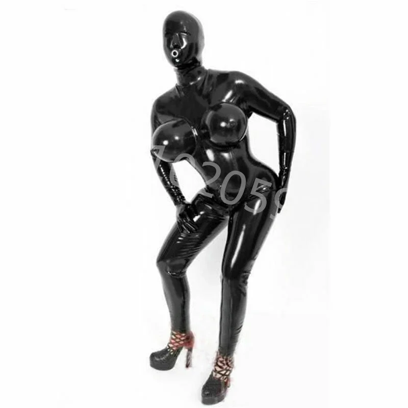 Men's Latex Catsuit with Hood White Breath Tube Full Body Latex Catsuit with Inflatable Breasts No Nose Holes