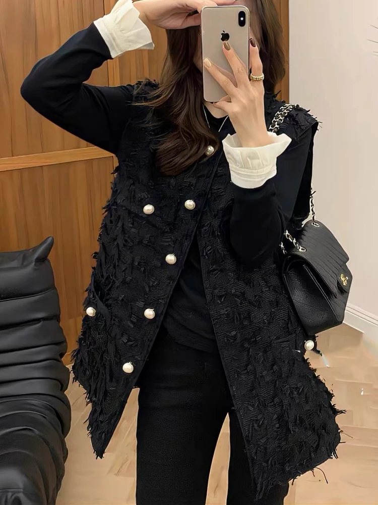 Модный красивый жилет без рукавов с жемчужной пряжкой женский кардиган