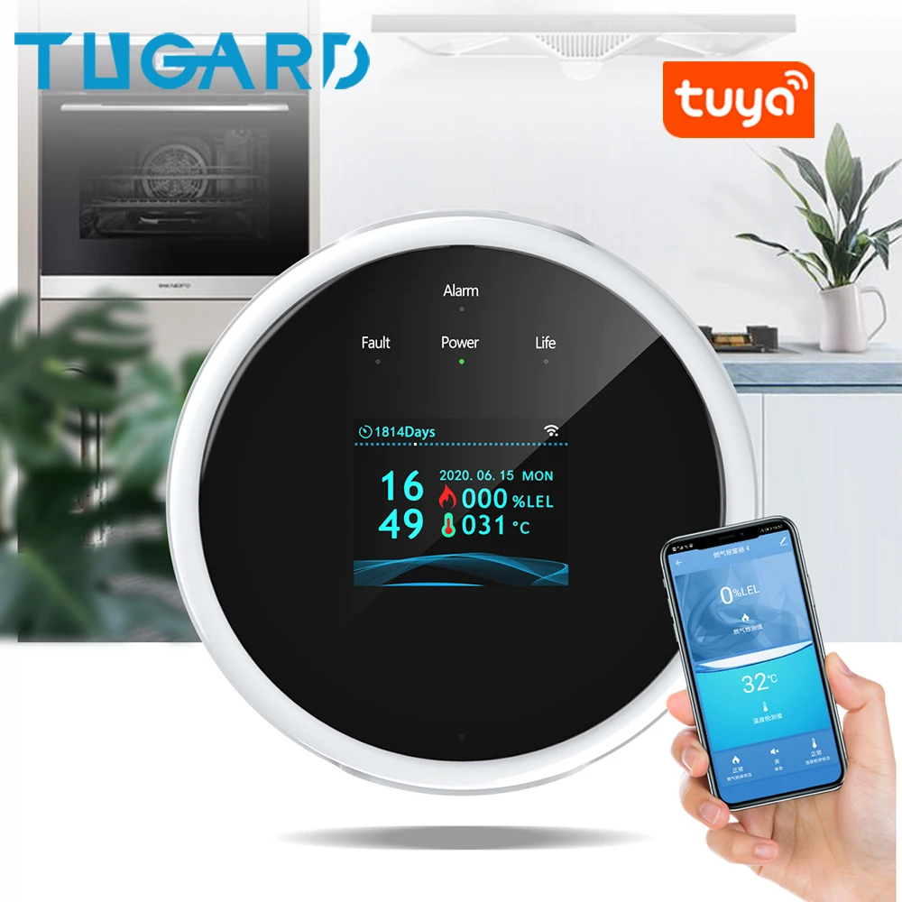 

Tuya Smart Life Natural Gas Alarm Sensor LCD Display Wifi Leak With Temperature Function Combustible Gas Detectors Support Home