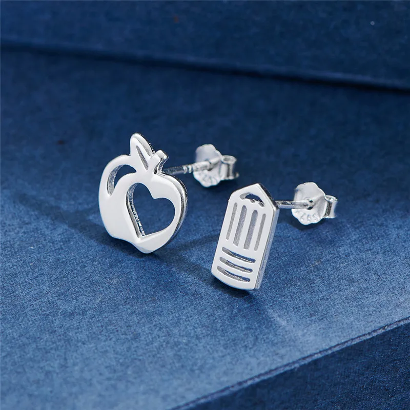 Женские серьги-гвоздики из серебра 925 пробы с яблоком сердцем и КАКТУСОМ