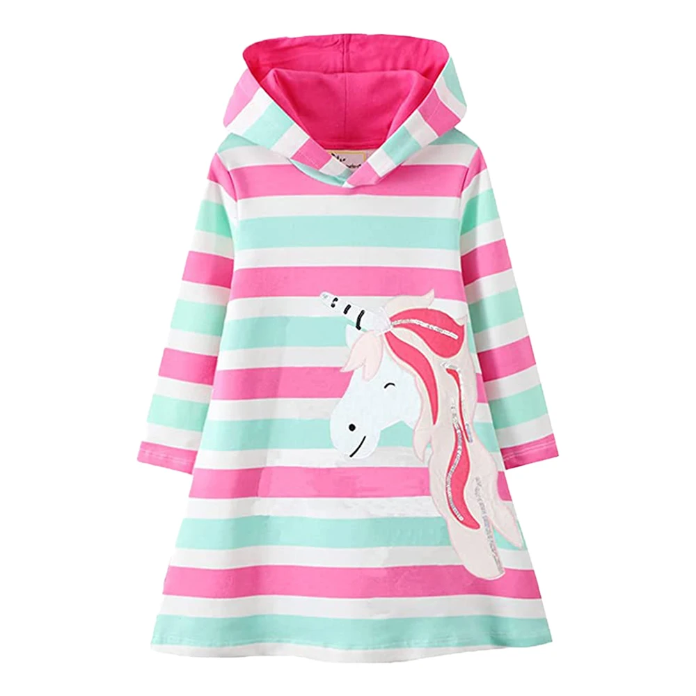 DXTON Children Unicorn Frocks Girls Dress for Autumn Spring Kids Cotton 100% Hooded Clothes Girls Striped Dress Kids Clothing