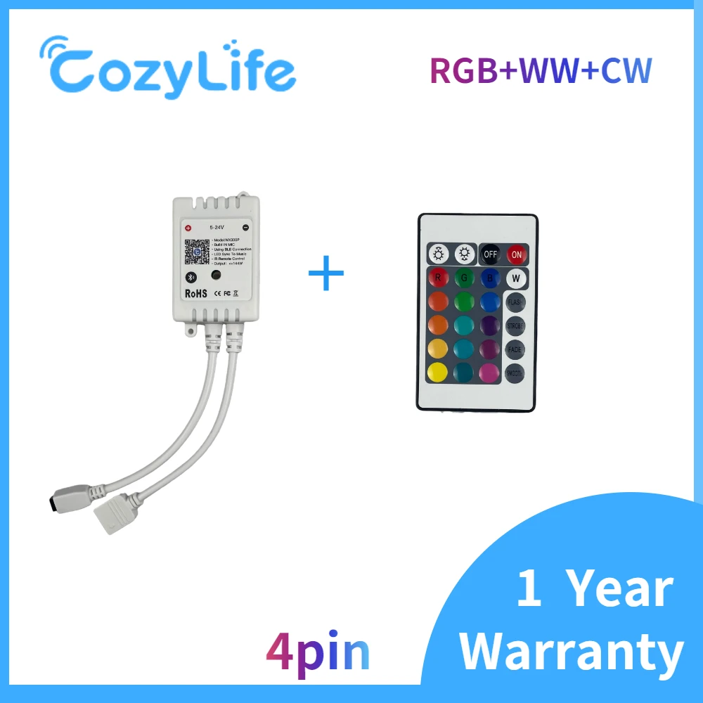 CozyLife DC5V-24V 4Pin RGB+CW+WW Controller With 24-key IR Remote Support Bluetooth APP Control Timing Voice Control Via Alexa
