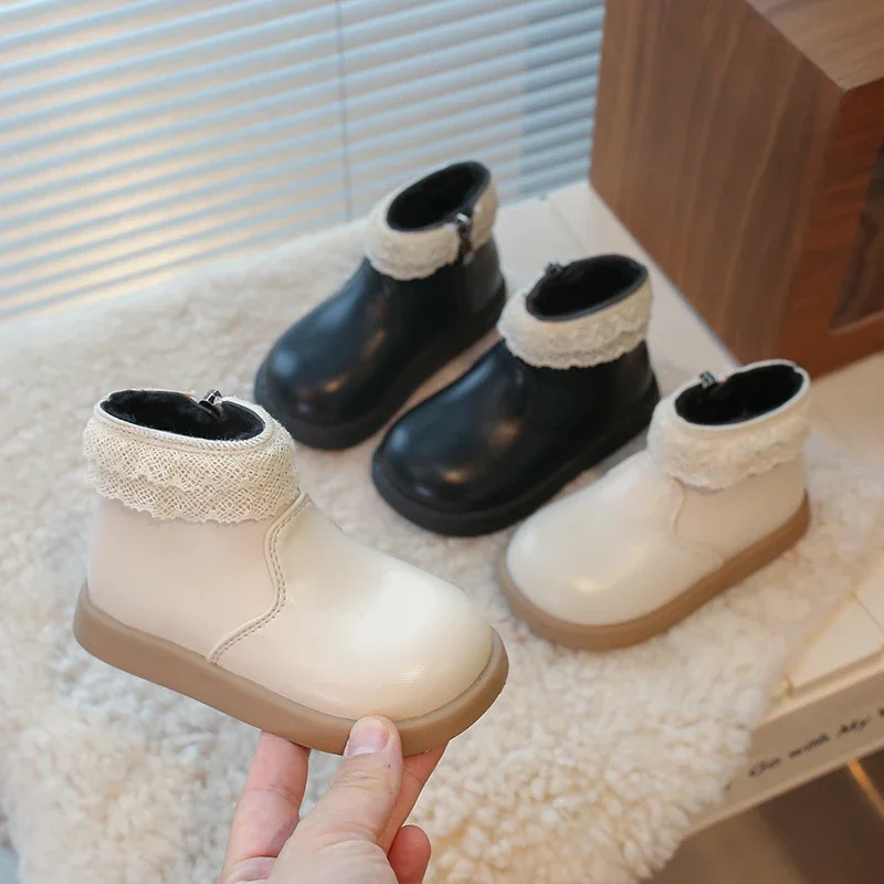 New Girl Snow Boots Elegant Lace Sweet Children's Fashion Thick Bottom Winter Kids Causal Ankle Cotton Warm Plush