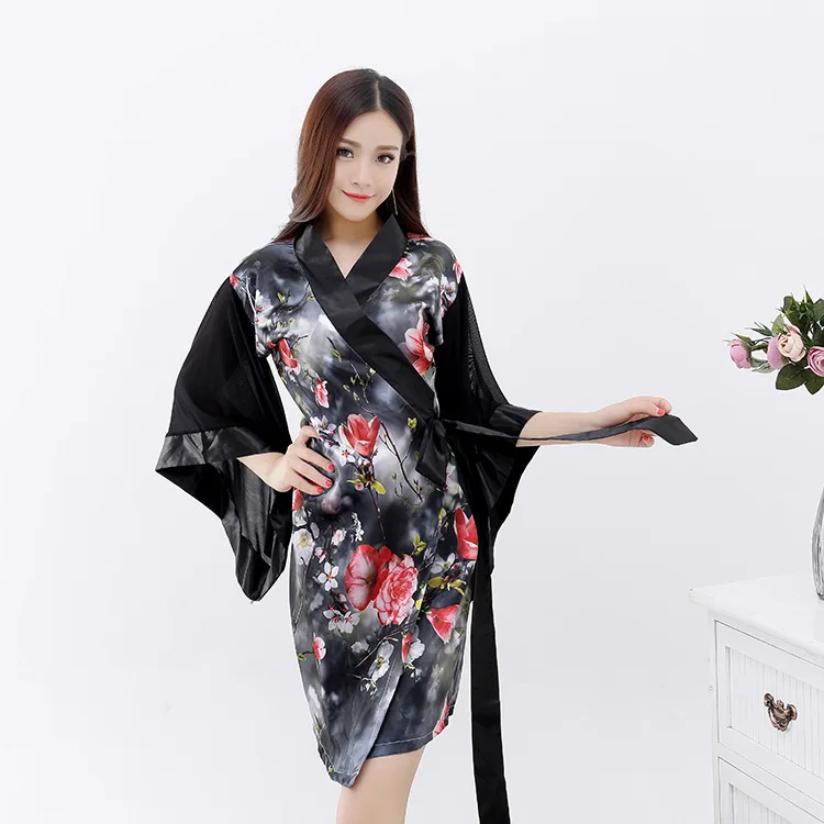 

Japanese Style Sexy Silk Yukata Obi Kimono Femme Embroidery Printing Women Tunic Elegant Pajamas Sleepwear Medium and Long Dress