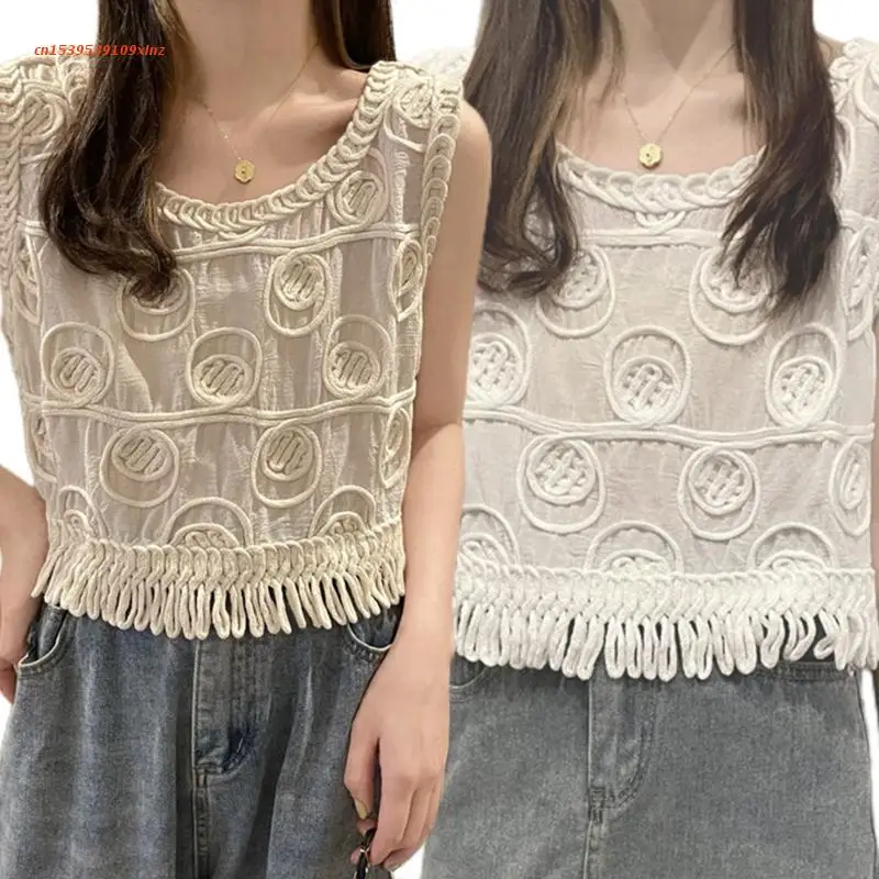 

Кроп-Топ женский летний с вырезами, вязаный клетчатый жилет в стиле бохо, без рукавов, с геометрическим узором, с кисточками и подолом, Свобо...