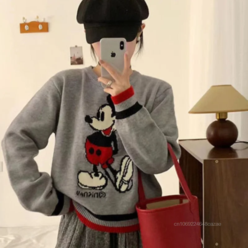 Серый пуловер с Микки Диснеем женский ранний осенний новый вязаный свитер