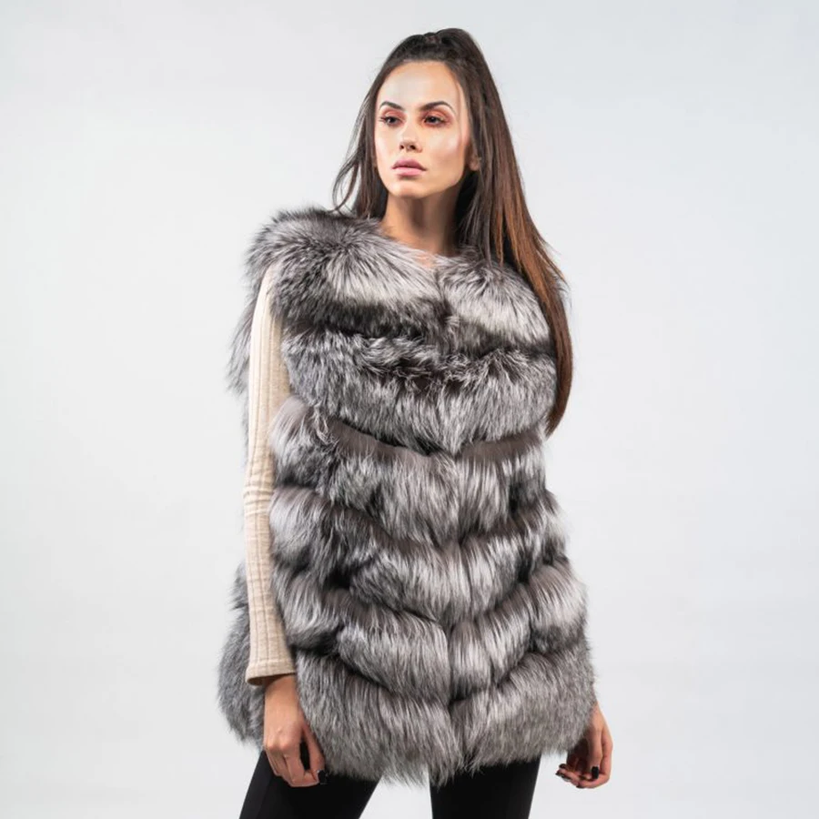 

Natural Sliver Fox Fur Vest With Hood Real Thick Warm Winter Fur Coat Delightful Sleeveless Jacket Women High Quality Natural