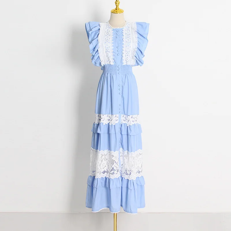 

Женское свободное платье с кружевом, круглым вырезом и оборками