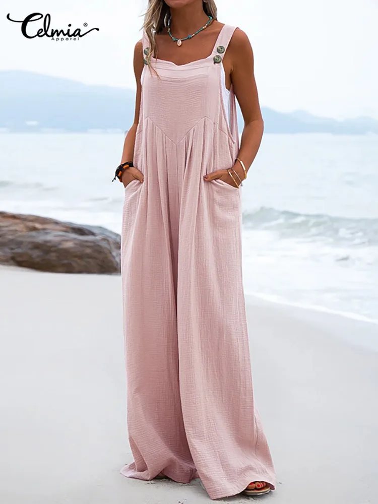 

Summer Wide Leg Pant Overalls Celmia Women Fashion Bib Strappy Playsuit Casual Loose Holiday Solid Jumpsuits Pockets Long Romper