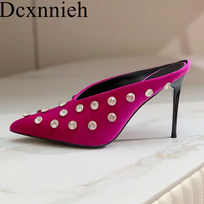 

Spring and Autumn Baotou Frosted Suede Pointed Slippers with Bow Knot and Rhinestone Decoration Summer Women's Party High Heels