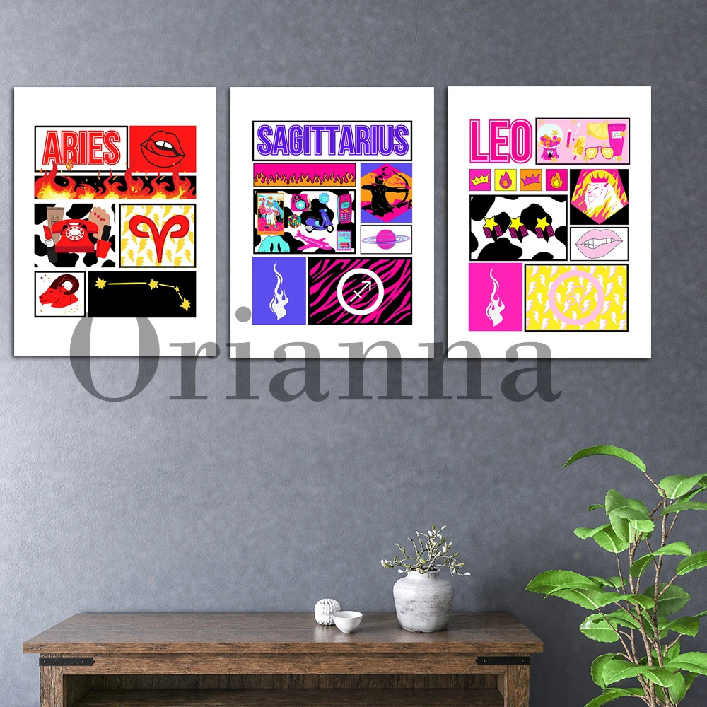 

Zodiac Sign Aries Leo & Sagittarius Fire Sign Astrology Print Posters Fashion Home Living Room Bedroom Wall Art Decor Painting