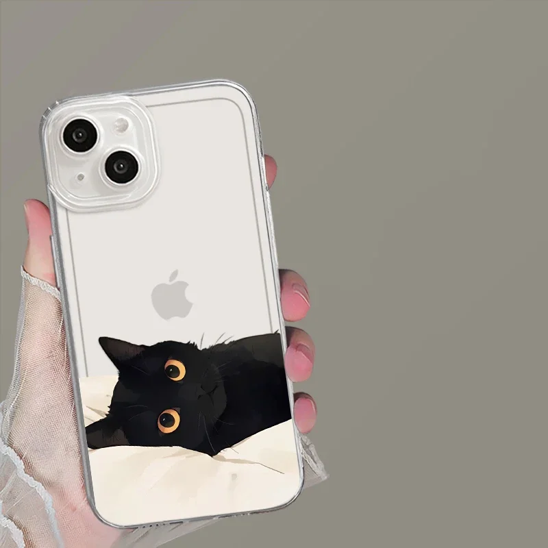 Funny Black Cat Couple Transparent Phone Case For iPhone 16 15 14 11 12 13 Pro Max Plus Mini X XR 7 8 SE Clear Cover Fundas Skin