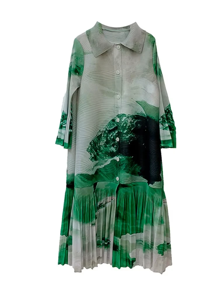 ANLAN винтажное плиссированное платье с принтом для женщин однобортное длинное