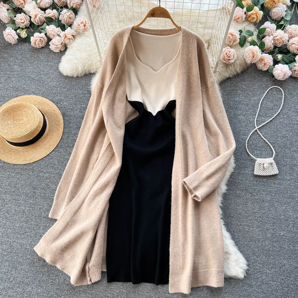 

Autumn and Winter Lazy Long Shawl Knitted Cardigan Jacket + Color Blocking Halter Hip Dress Two-piece Set