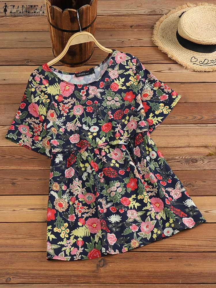 

ZANZEA Casual Short Sleeve Smock Tops Ruffled Hem O-Neck Blouse Bohemian Fashion Tunics Summer 2023 Floral Printing Women Shirts