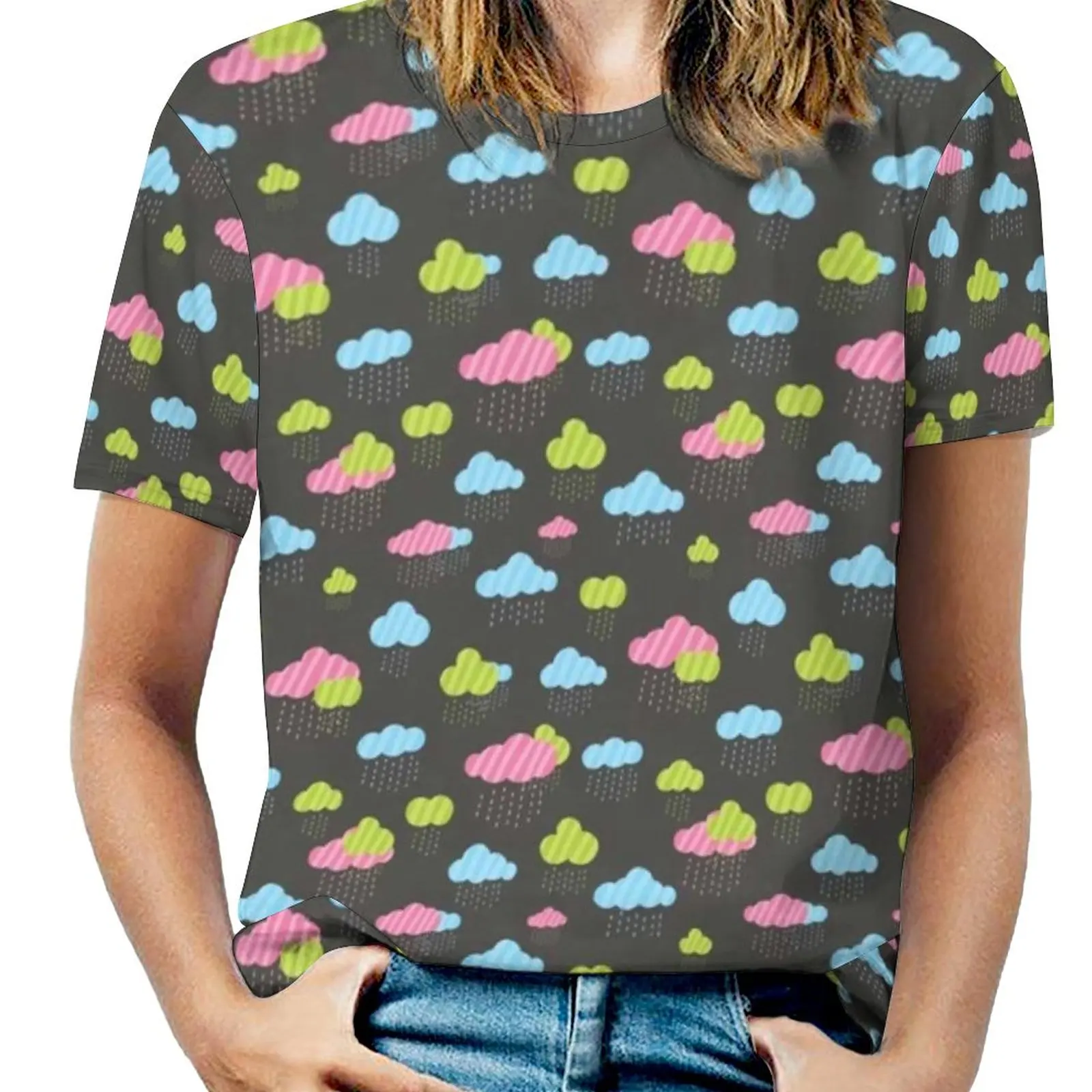 

Женская футболка с принтом в виде дождливых облаков, весенне-летняя футболка с круглым вырезом, пуловер, топ с абстрактным голубым мультяшн...