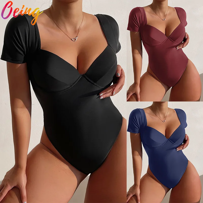 

OEING Sexy One Piece Push Up Swimsuit Short Sleeves Women's Swimwear 2022 Solid Swimming Suit For Women U-back Bathing Suits
