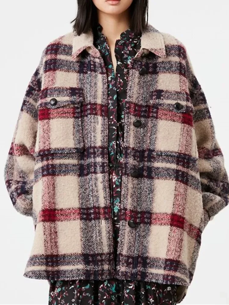 

2023 New Women Wool Turn-Down Collar Coat Ladies Single-Breasted Woolen Straight Plaid Loose Warm With Pockets Cardigan Tops