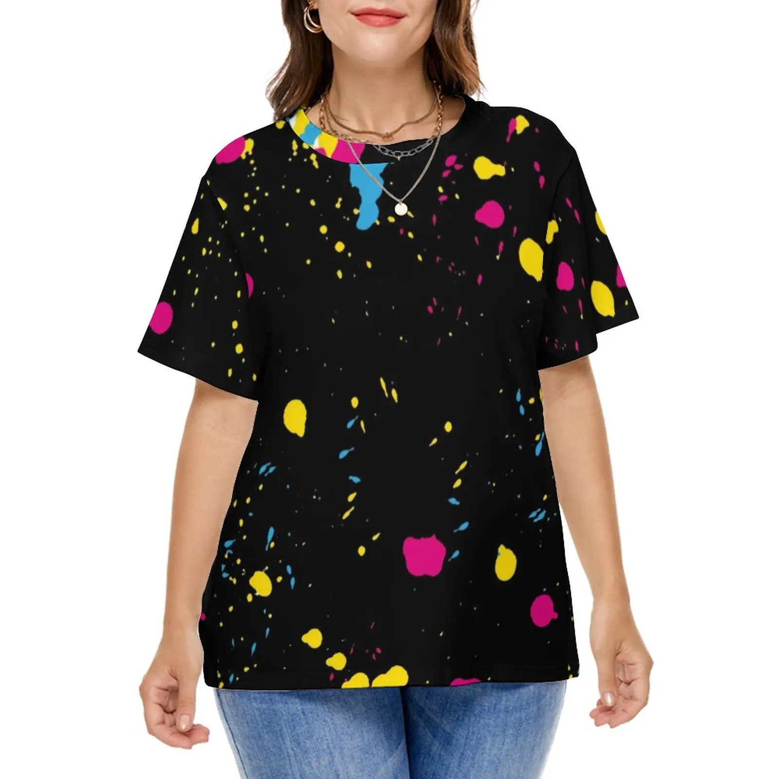 80S Paint Splash T-Shirt Graffiti Colorful Print Modern T Shirts Short Sleeve Graphic Tshirt Ladies Basic Tees Plus Size