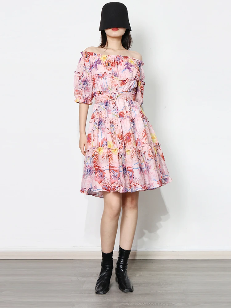 

Loose Print Off Shoulder Women Casual Dress Slash Neck Ruched Mini Dresses Female Fashion Summer Clothing