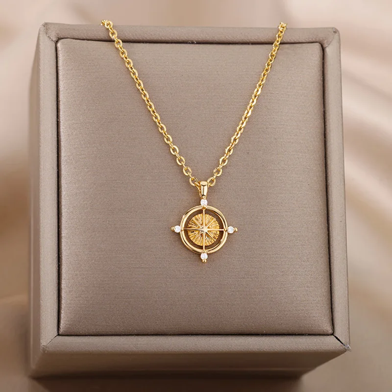 

Goth Zircon Round Compass Necklace For Women Stainless Steel Gold Color North Star Pendants Necklaces Sailing Jewelry Gift