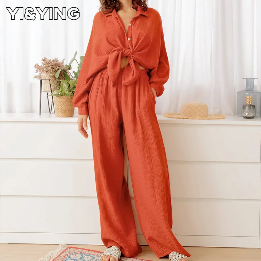 

[YI&YING] 2023 European and American Autumn Fashion Pure Cotton Women's Homewear Casual Soft Sleepwear Two Piece Set WAZC460