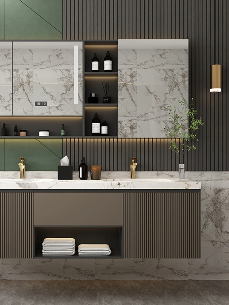 

High Quality Modern Luxury Rock Plate Integrated Basin Bathroom Cabinet Combination Washing Taipei European Washstand Basin