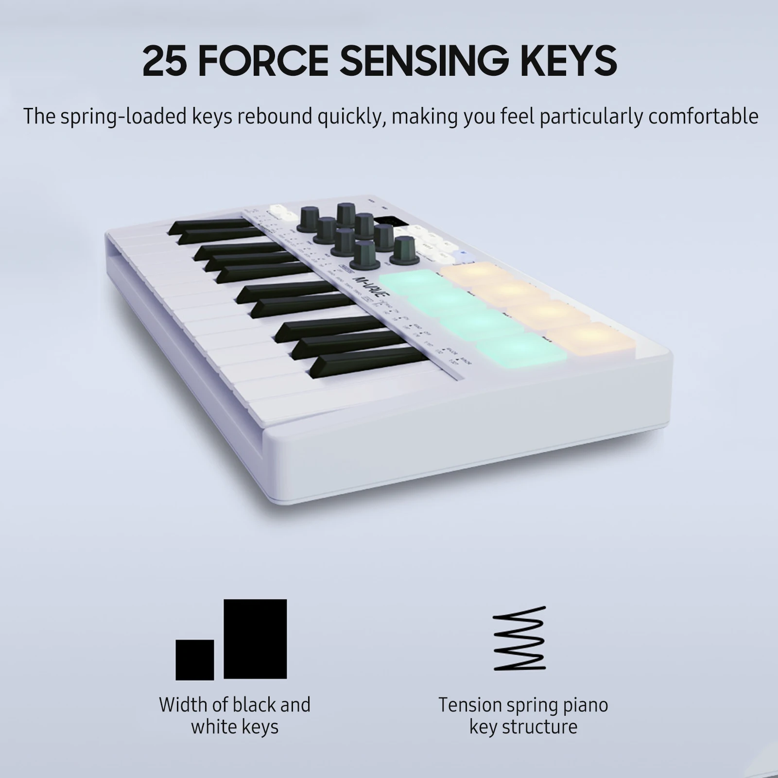 Портативная MIDI-клавиатура M-VAVE 25 клавиш USB MIDI-контроллер с 8 барабанными колодками