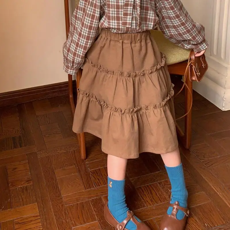 

Autumn Winter Children Girls Layered Skirts Loose Cotton Thick Warm Knee Length Ruffles Kids Schoolgirls Casual Skirt 150 160