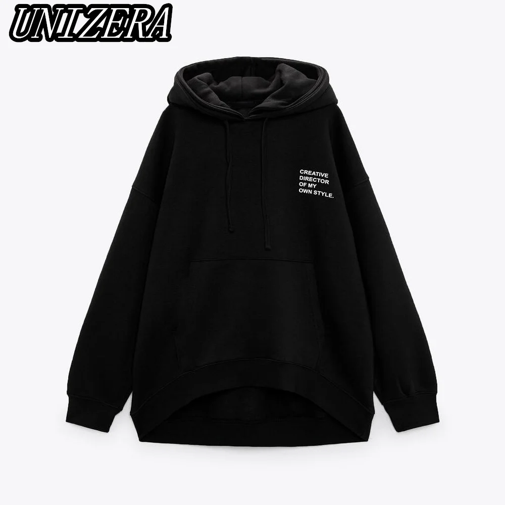 

Новая женская одежда UNIZERA на осень и зиму, черный свободный свитер с капюшоном и карманом кенгуру с принтом букв, 3199806