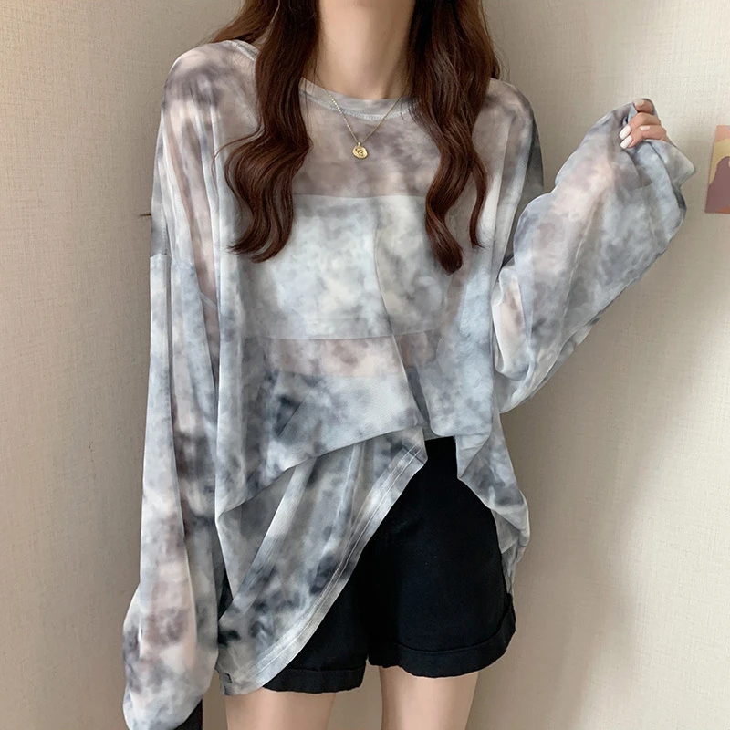 

Sunscreen Women's Shirt Long-sleeved Thin Loose Casual Streetway Female Shirt Summer Versatile Tie-dye Long-sleeved Top