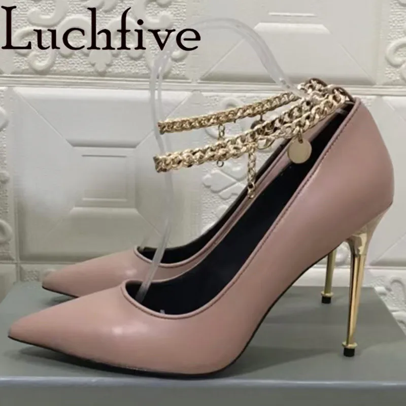 

2022 Summer New High Quality Genuine Leather Chain Decorate Thin High Heels Sandals Women Pointed Toe Pumps Sexy Wedding Shoes