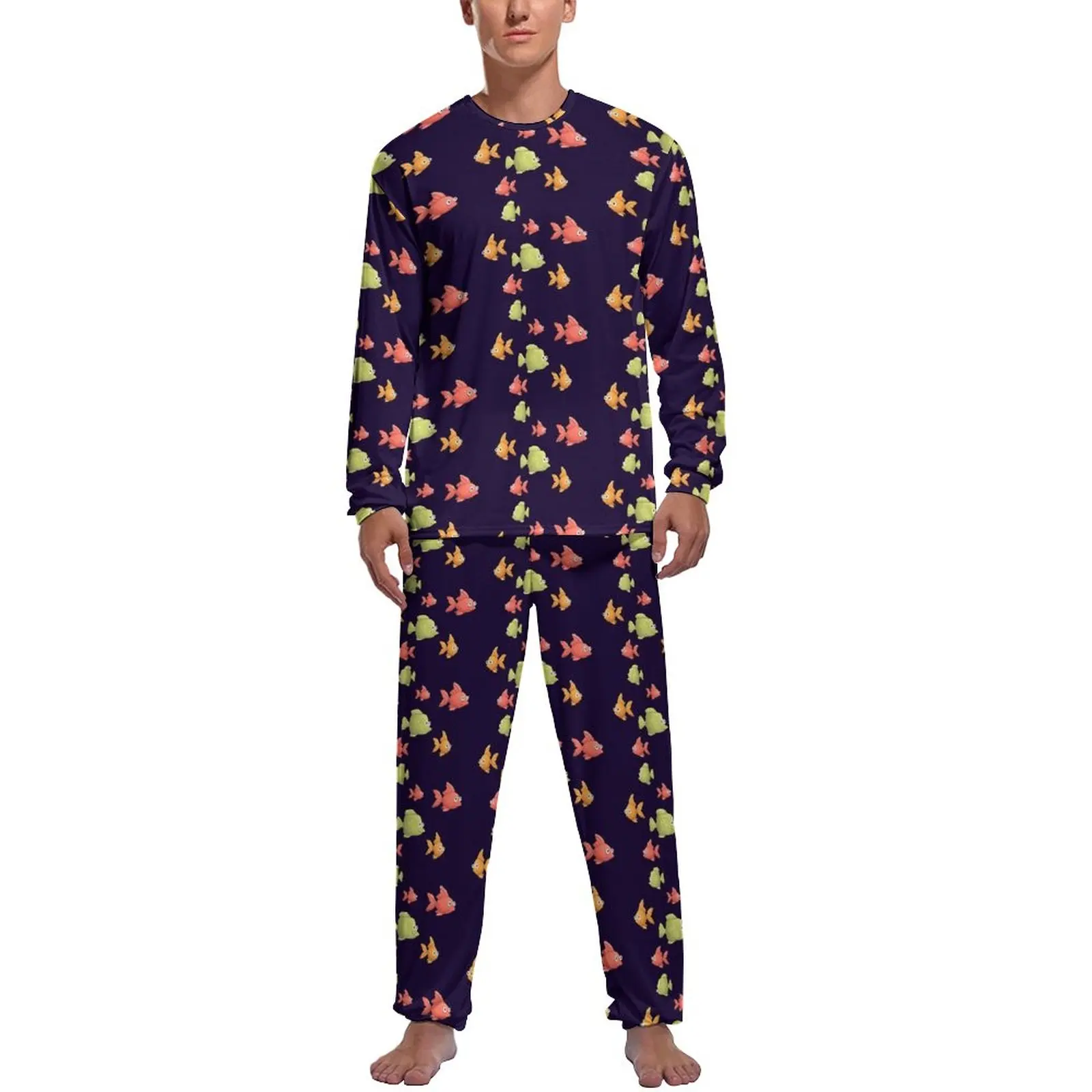 

Tropical Marine Pajamas Man Colorful Fishes Print Cool Home Suit Daily Long Sleeves 2 Pieces Casual Printed Pajamas Set