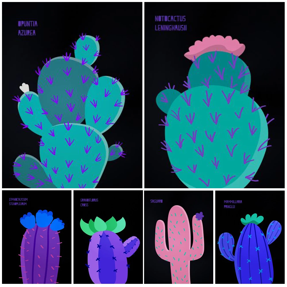 Мультяшный кактус Волшебные кактусы в скандинавском стиле искусство стен холст