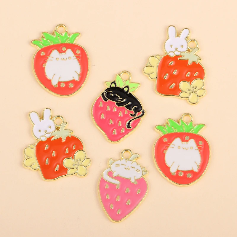 

10Pcs Enamel Strawberry Cat Rabbit Animal Charm for Jewelry Making Cute Necklace Pendant Earring Gifts Diy Craft Accessories