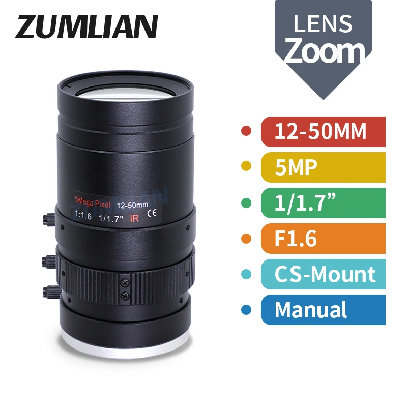 

5MP CCTV Lens 12-50mm Varifocal CS-Mount Manual Manualg Iris Focus F1.6 Aperture 1/1.7" Security Camera Industrial LENS Vision