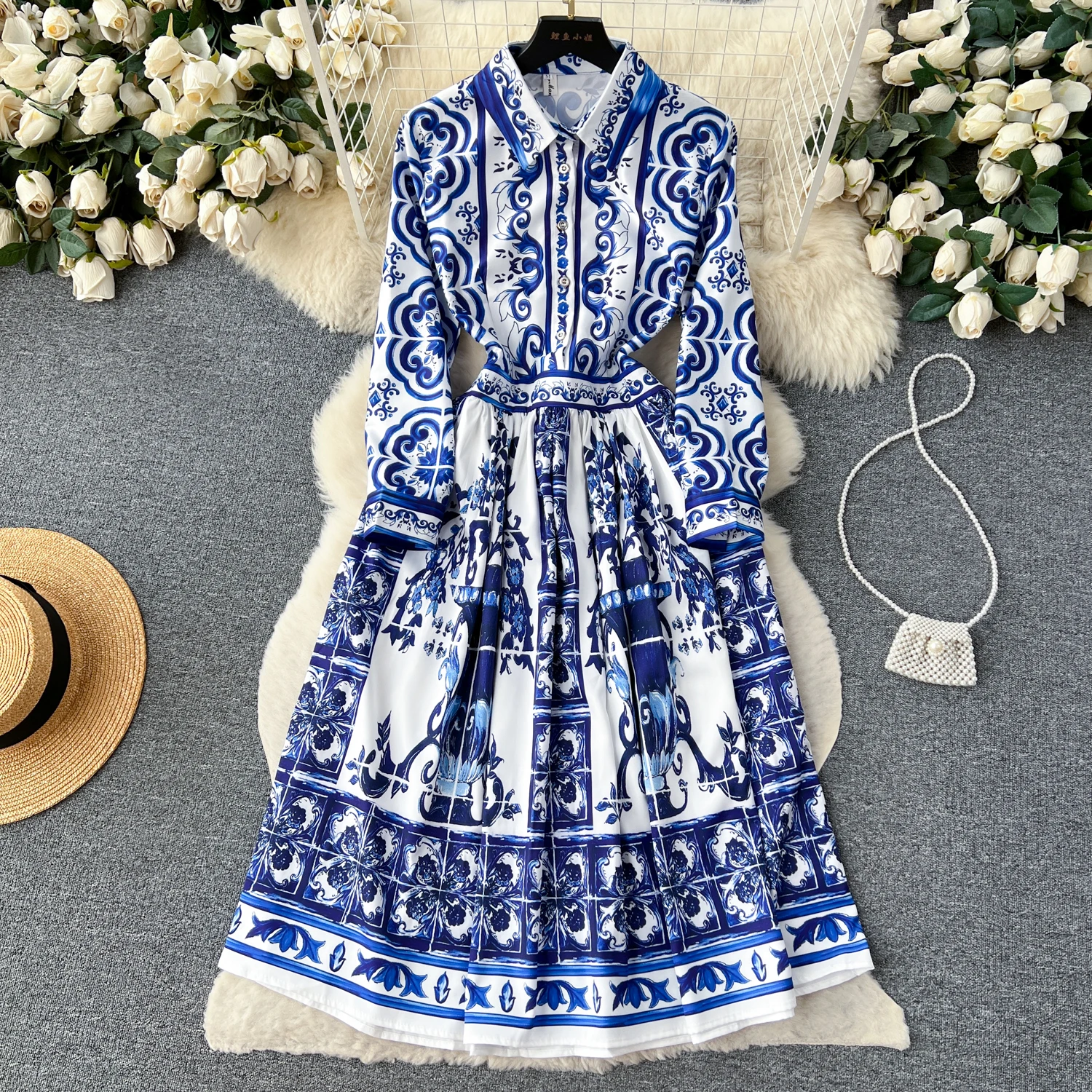 

Vintage Midi Floral Dress for Women Long Sleeve Lapel Printed Elegant Long Luxury Vestidos Holiday Ruffle Hem Dresses New In