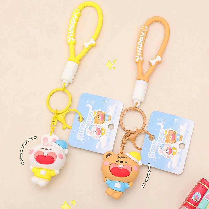 1Pc Cute Yawn Animal Key Chain Cartoon Rabbit Bear Doll Bag Charm Decoration Pendant Student Gift