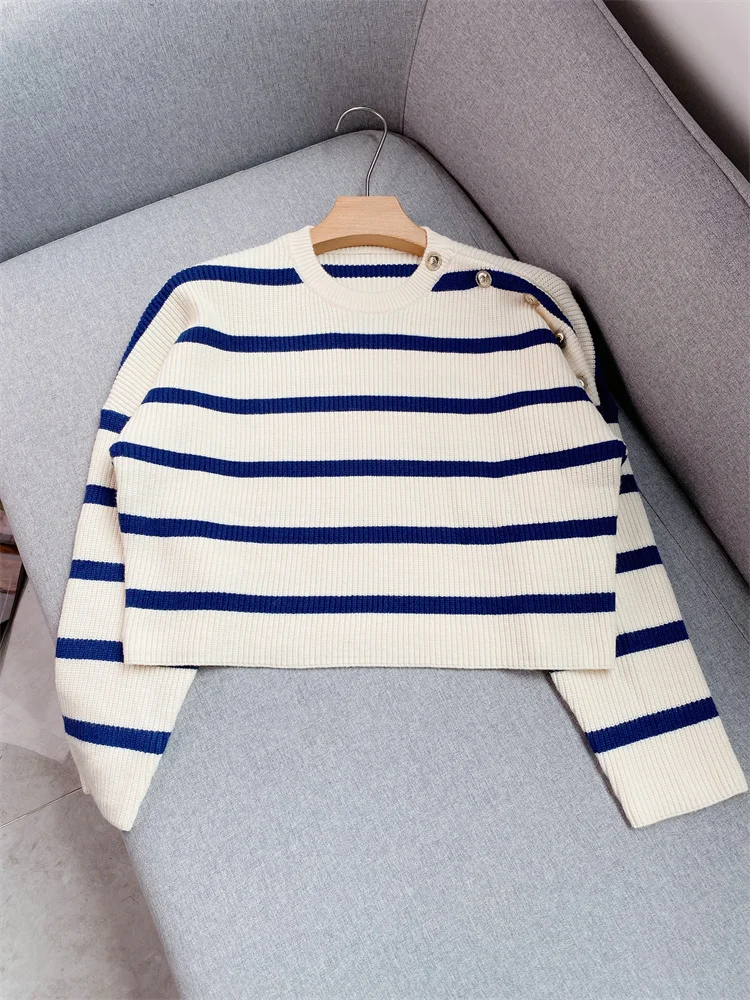 Navy Blue Striped Pullover 2022 Fall New Crew Neck Top Button Embellished Knit Women's High Quality Free Shipping