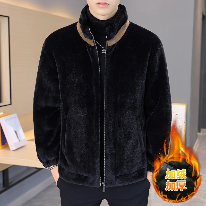 Winter Imitation Mink Velvet Jackets Men Stand Collar Casual Faux Fur Coat Thicken Warm Windproof Social Overcoat Men Clothing