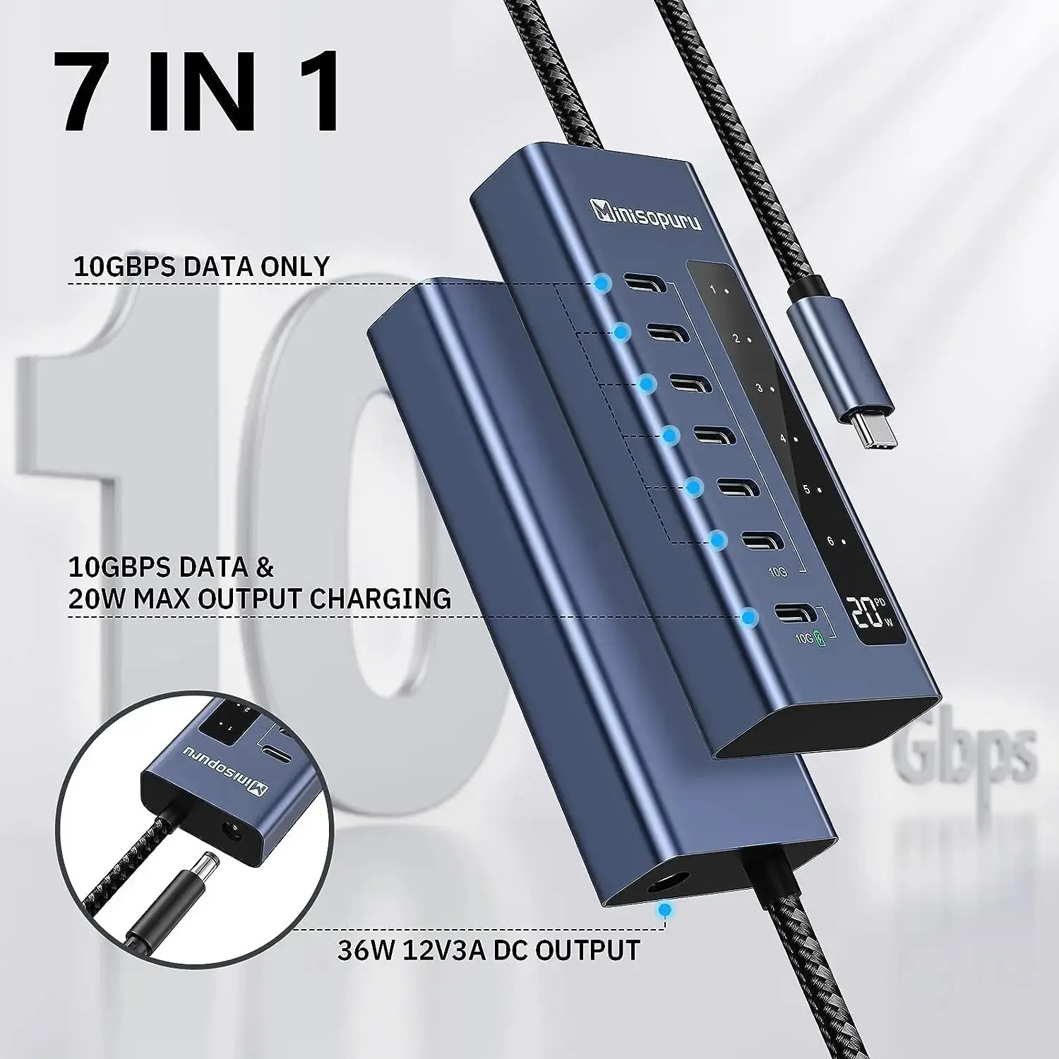 Minisopuru USB Type-C Hub с функцией 7 в 1 быстрая зарядка передача данных 10 Гбит/с для MacBook Pro