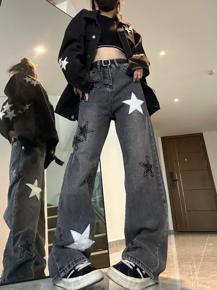 Deeptown Y2k American Retro Denim Pants Women Vintage Gothic Goth Punk Star Print Straight Trousers 2023 Autumn Fashion New In