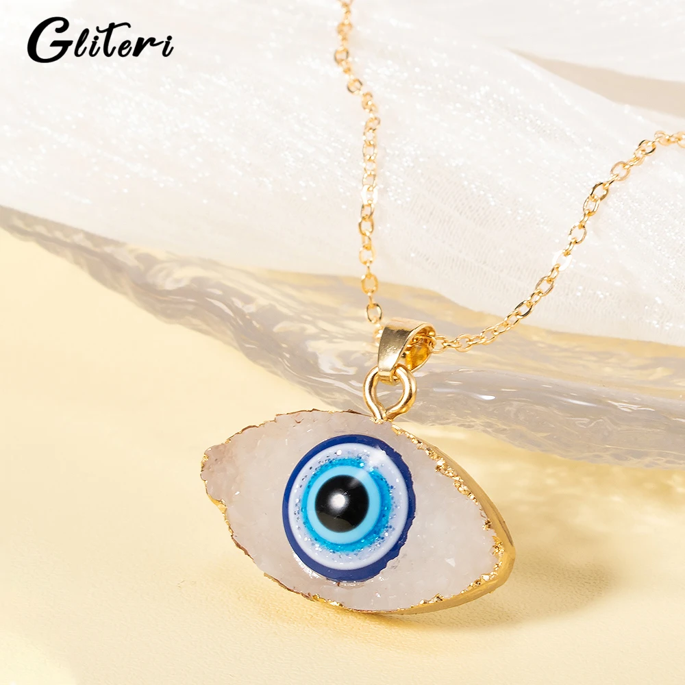 

GEITERI Vintage Devil's Eye Pendant Necklaces For Women Men Gold Color Natural Crystal Palm Clavicle Chain Turkey Lucky Jewelry