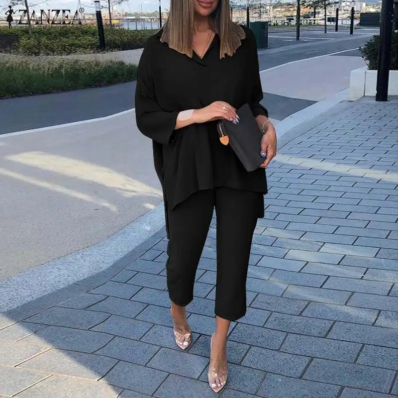 

ZANZEA 2PCS Urban Tracksuit Women Spring Blouse Suits OL Matching Sets Casual Pant Sets Solid Lapel Neck Long Sleeve Work Sets
