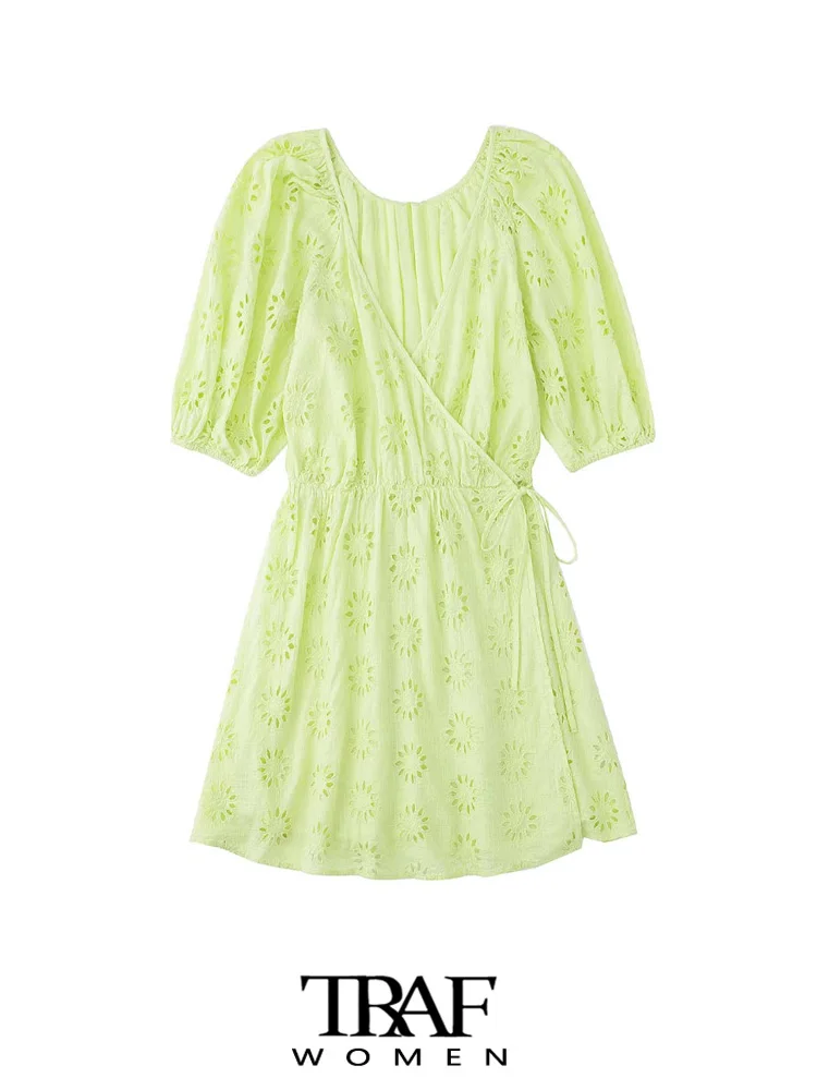 

TRAF Women Fashion With Tied Cutwork Embroidery Wrap Mini Dress Vintage V Neck Short Sleeve Female Dresses Vestidos Mujer